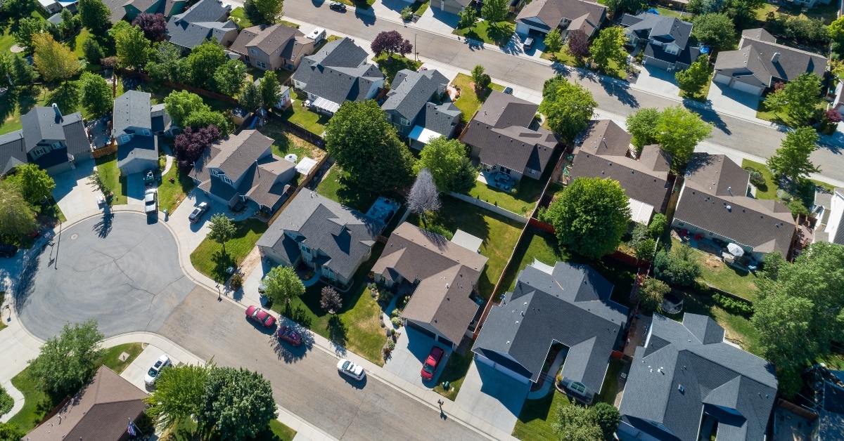 view from above showing houses on a street