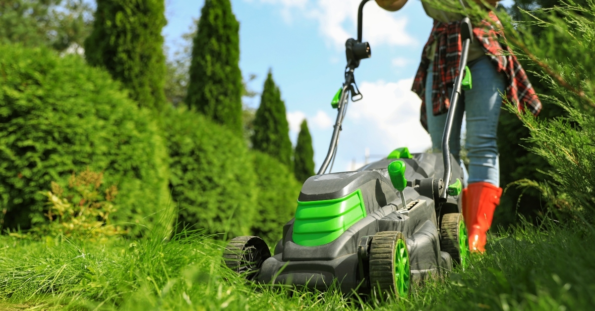 woman cutting grass with lawn mower in garden on sunny day