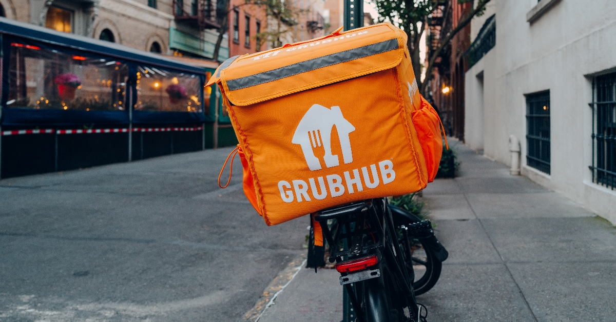 grubhub delivery bike standing in the street of new york 
