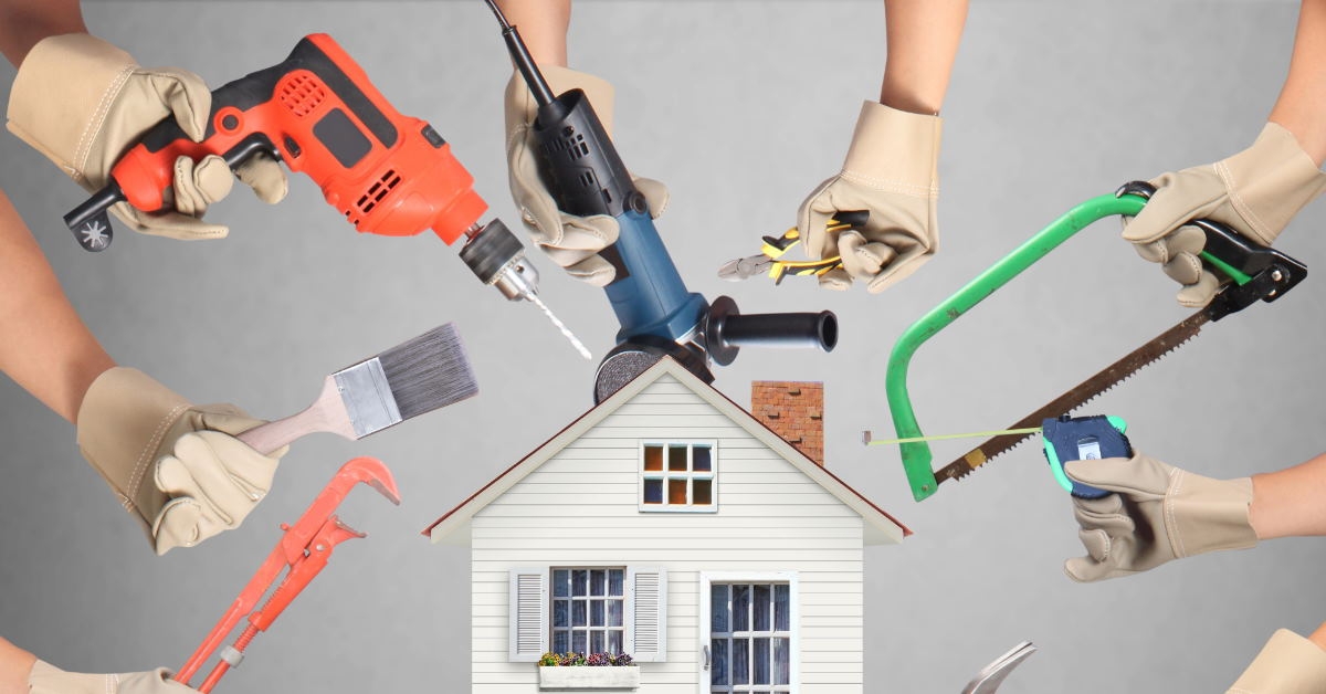 sculpture of house getting slapped by various tools showing the importance of selecting tools for house renovation concept