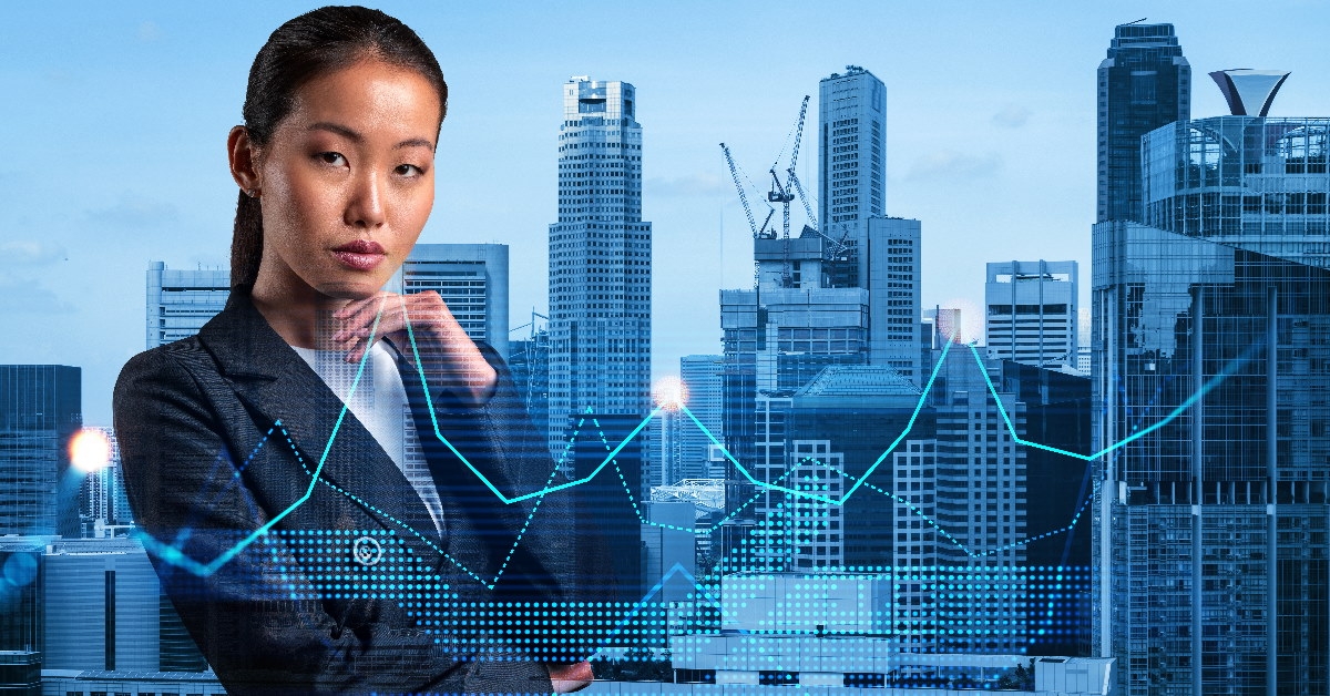 portrait of a businesswoman thinking with skylines in background