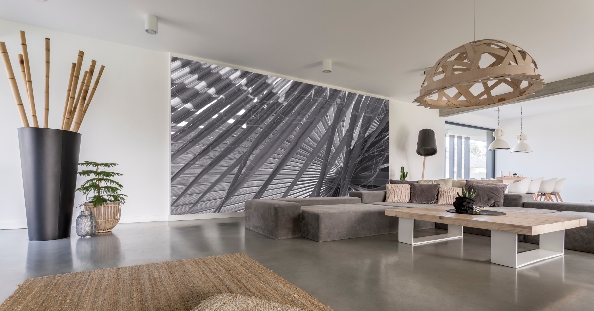 living room with grey mural