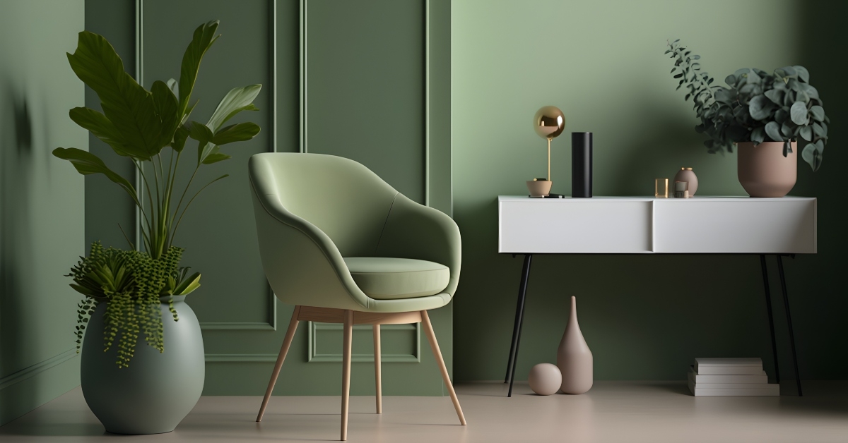 modern cozy living room with monochrome sage green wall