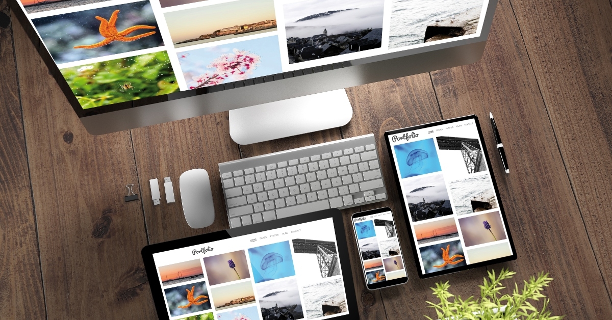 wooden table with desktop devices portfolio