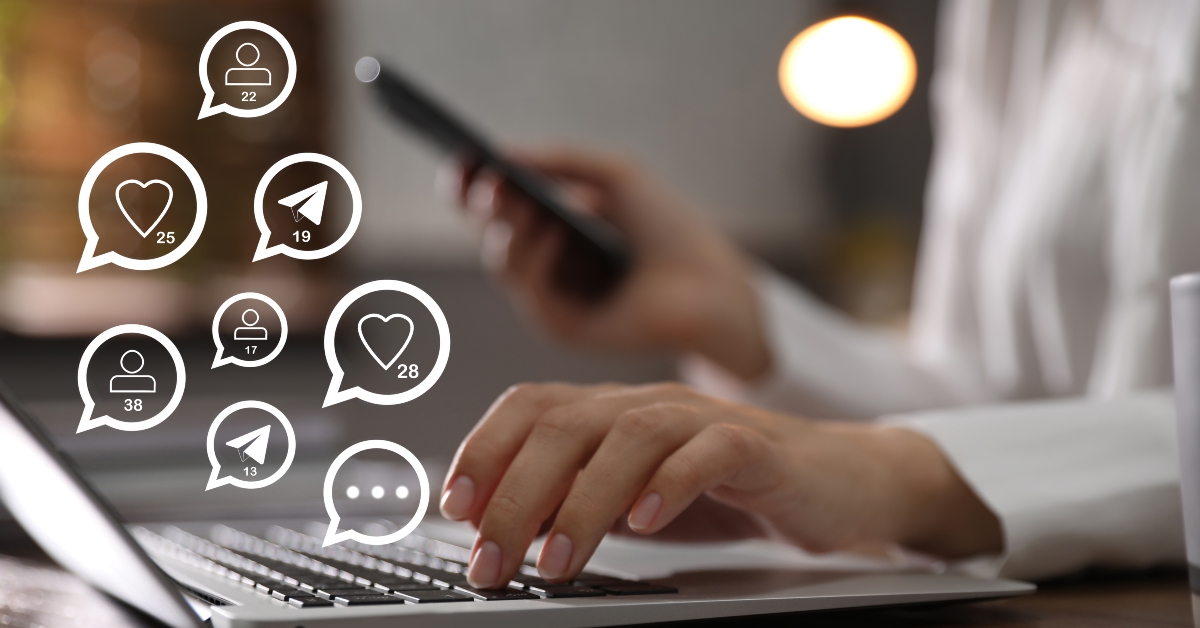 virtual icons and young woman using laptop