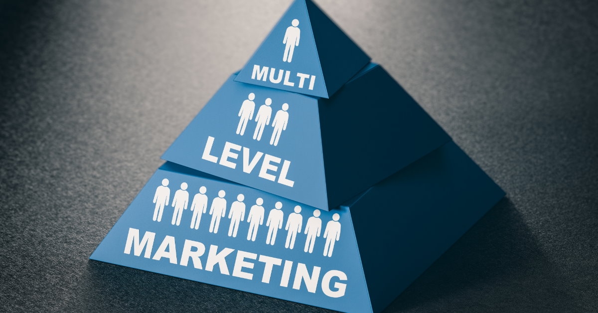 blue pyramid with three sections with multi level marketing labels