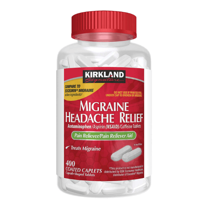 A bottle of Kirkland Signature Migraine Headache Relief medicine