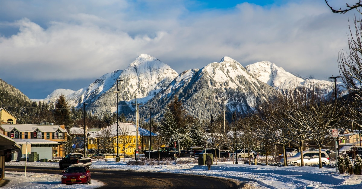 snow over mountains in downtown sitka alaska 