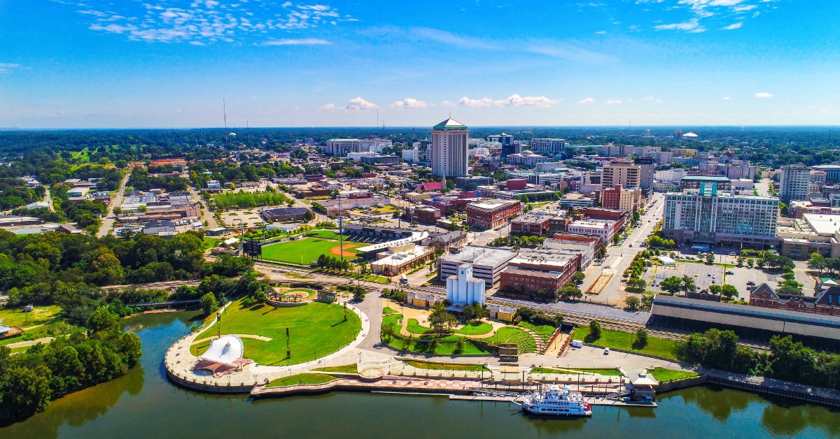 aerial view of downtown montgomery with beautiful tall skylines