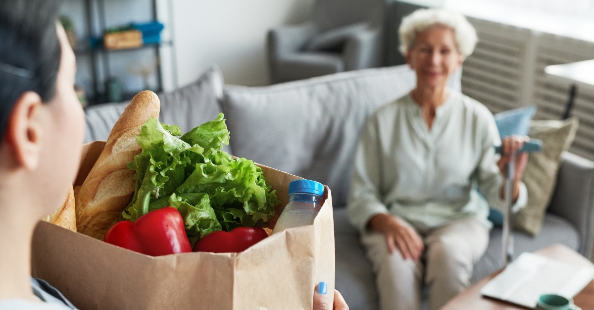 female caregiver bringing groceries to senior woman