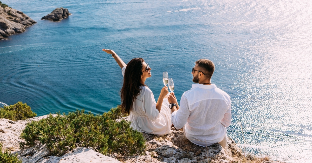 couple in love celebrates their engagement on the seashore