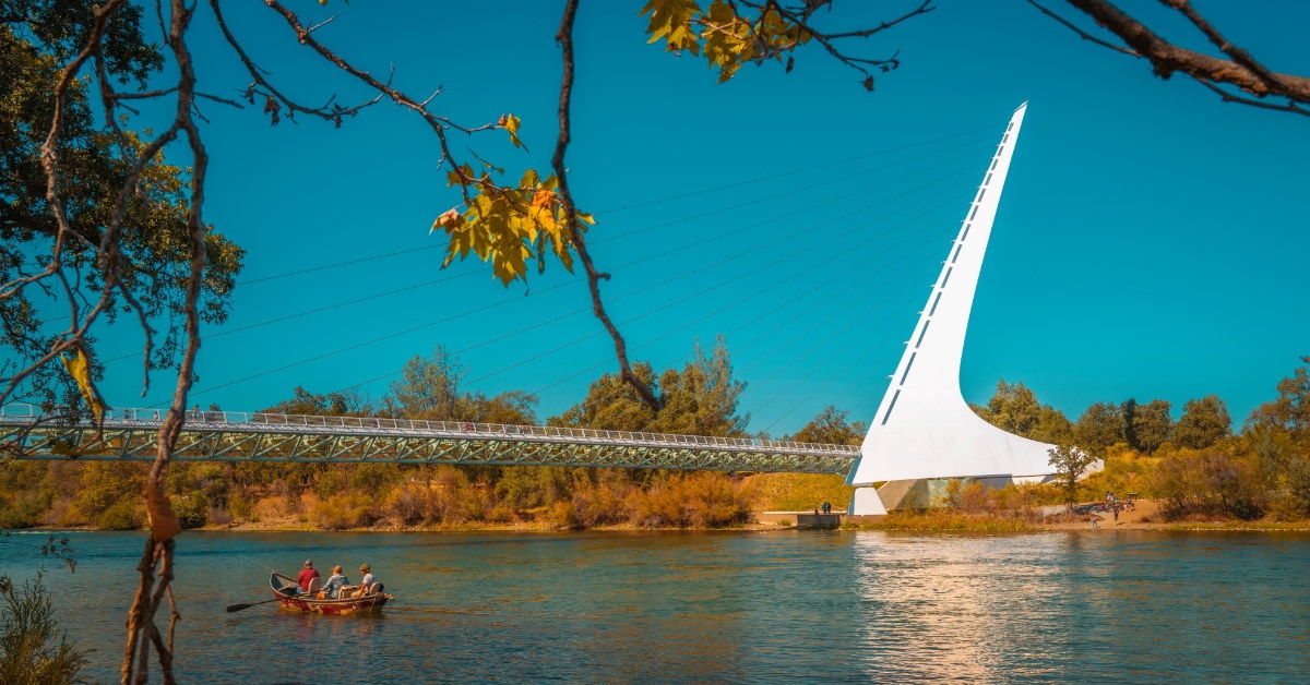 sundial bridge over the sacramento river in daylight.