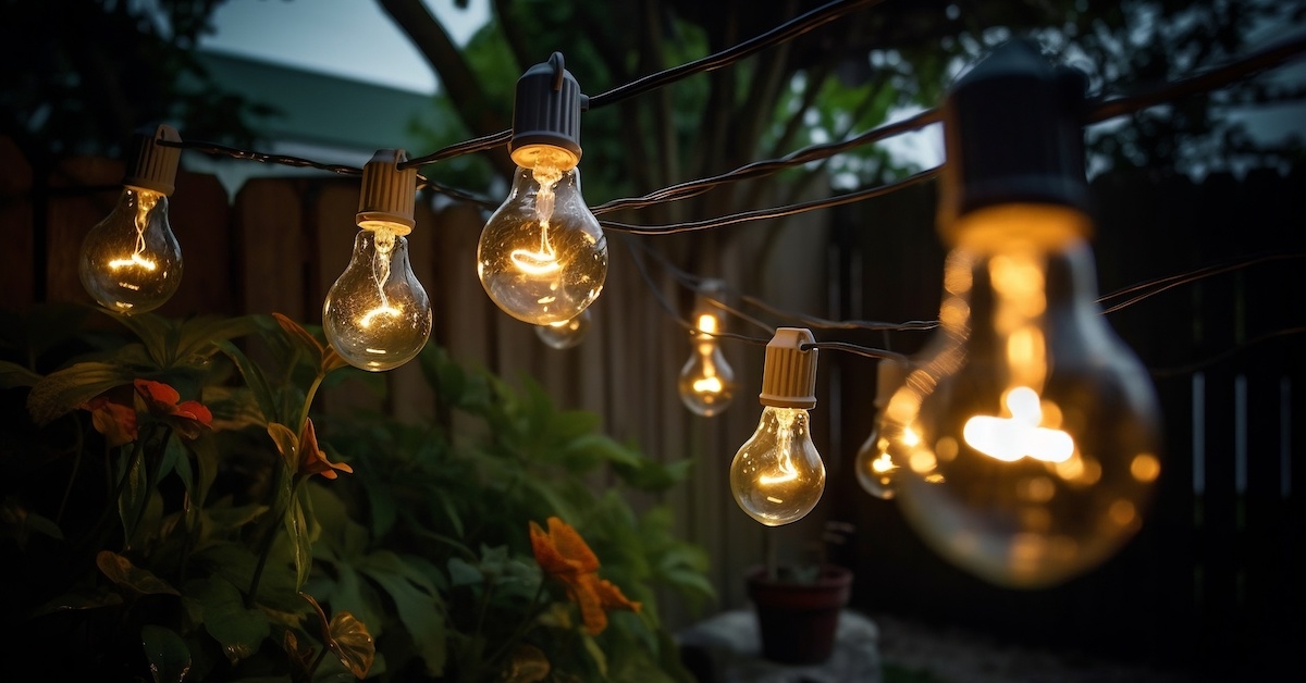 String lights in a backyard