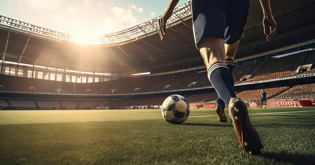 soccer player kicking the ball in stadium