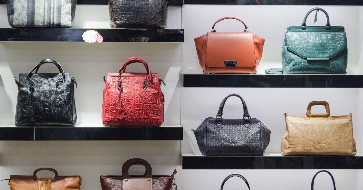 handbags in the shop window of a fashion boutique