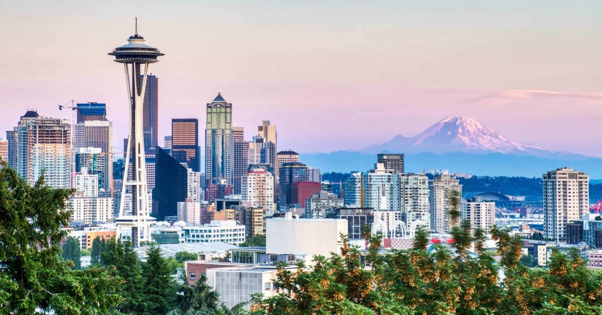 seattle cityscape with amazing view of the sky along with mount rainier