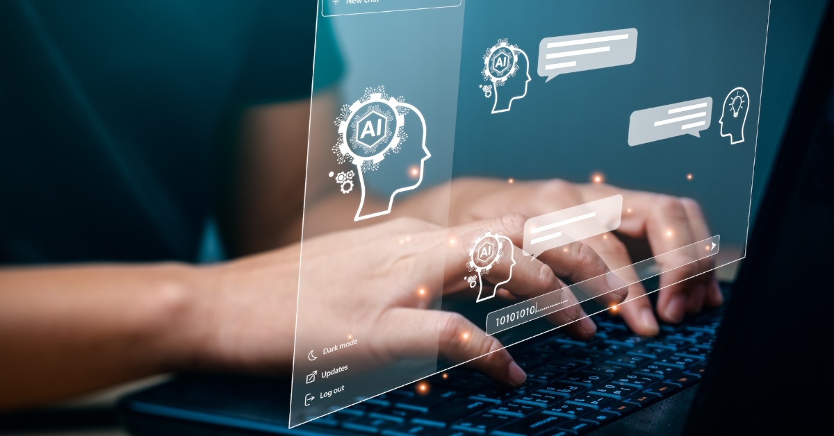 man typing on laptop with 3d page over keyboard 