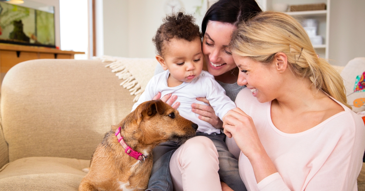 same sex female couple sitting with their son and dog