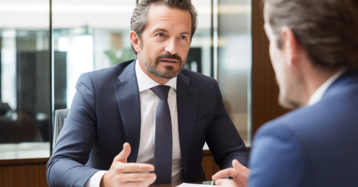 businessman sitting with male colleague at table discussing business ideas