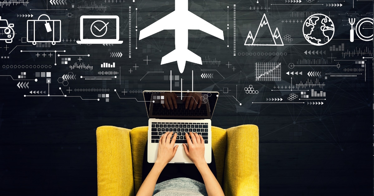 man using laptop on chair with 3d airplane logo showing concept of booking ticket for holiday