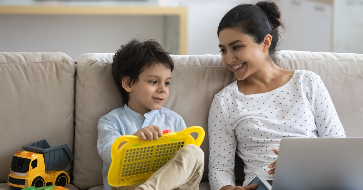 mom and little son enjoying leisure together