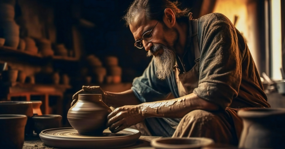 potter in his workshop crafting a pot