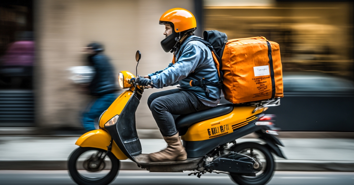 delivery man driving scooter in the city
