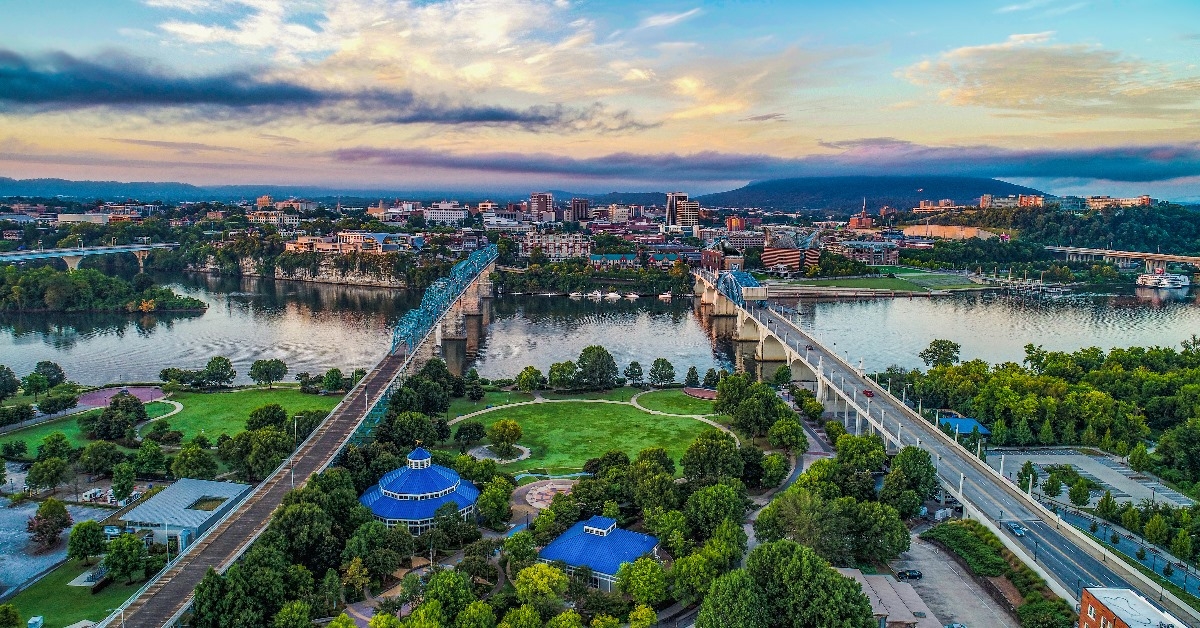 breathtaking view of lake winnie chattanooga tennessee with bridges and grove of small trees