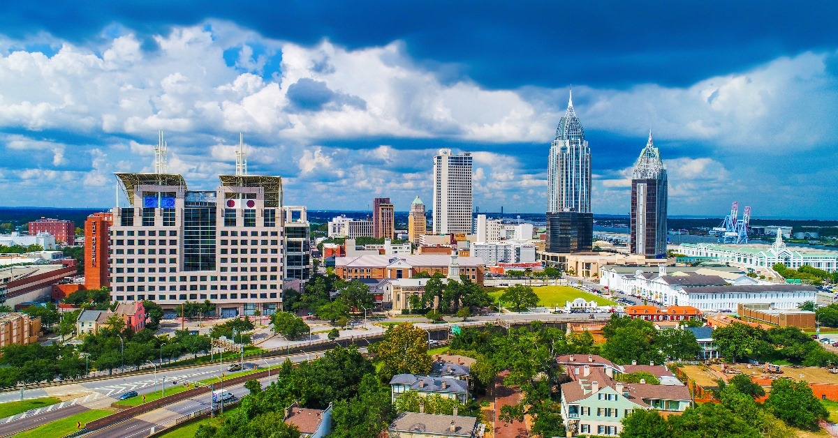 aerial view of downtown mobile alabama usa