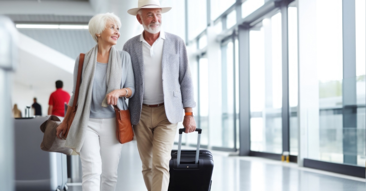 senior couple walking with luggage on airport