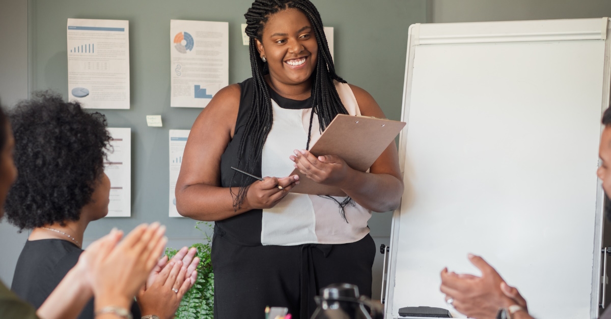 african american businesswoman presenting project 