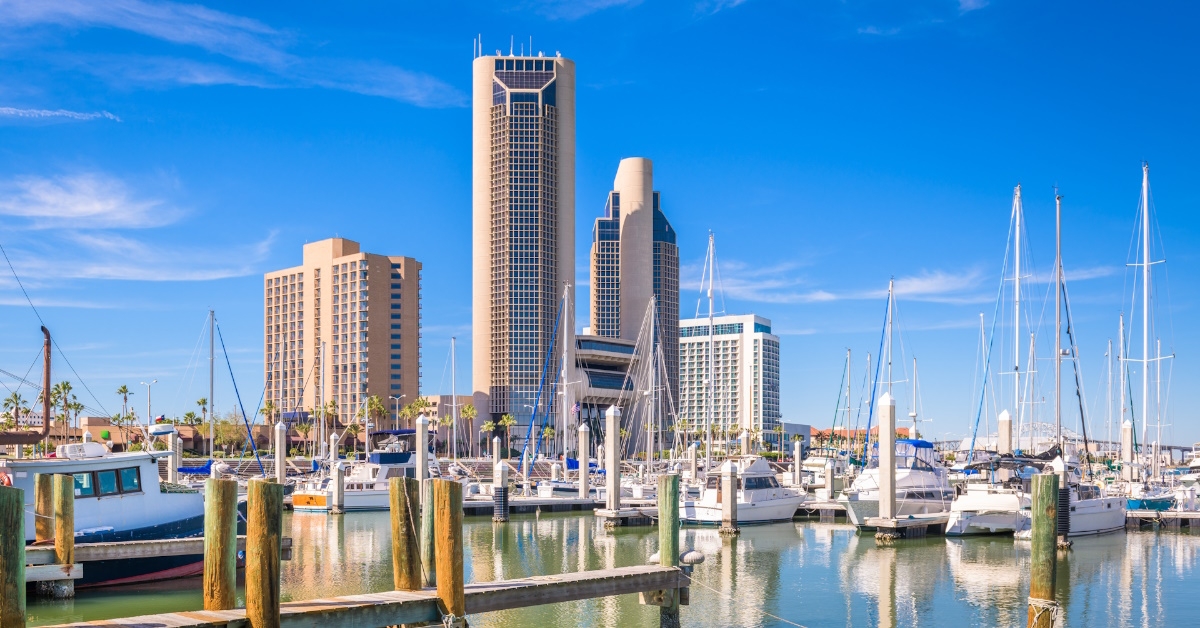 texas skyline with boats at port