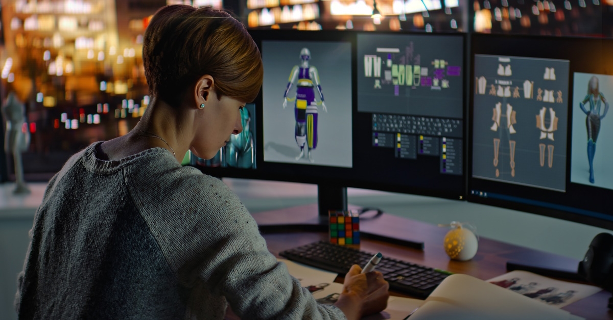 designer utilizes computer to create 3D virtual models