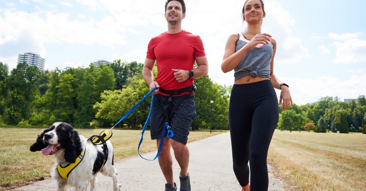 running with dog and partner