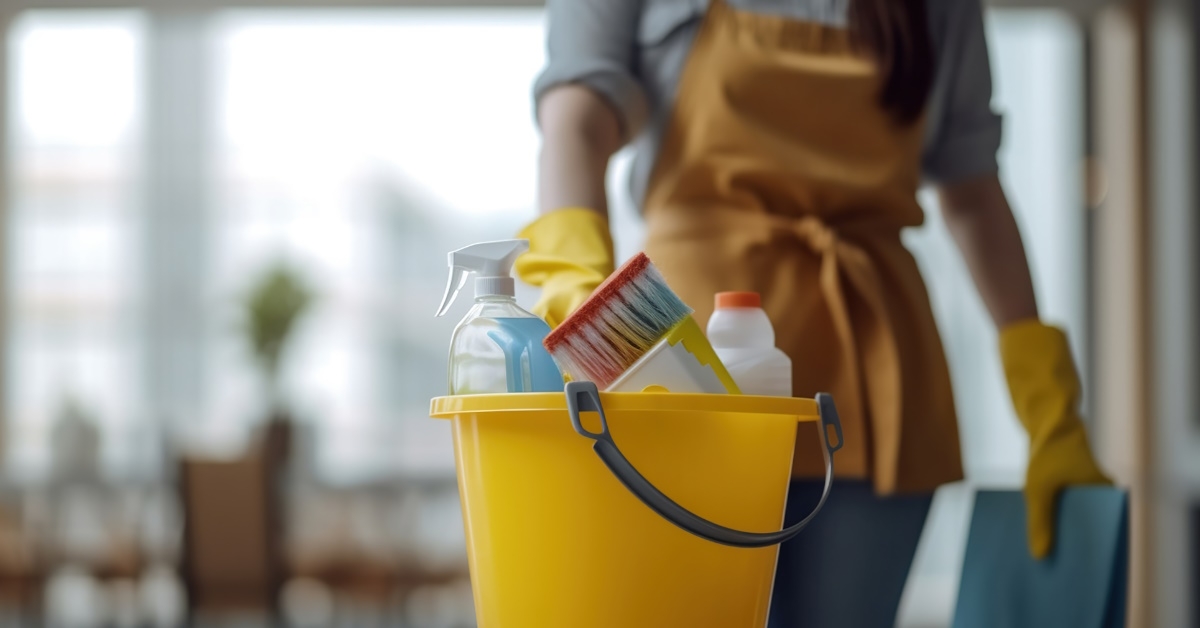 Woman standing with cleaning bucket