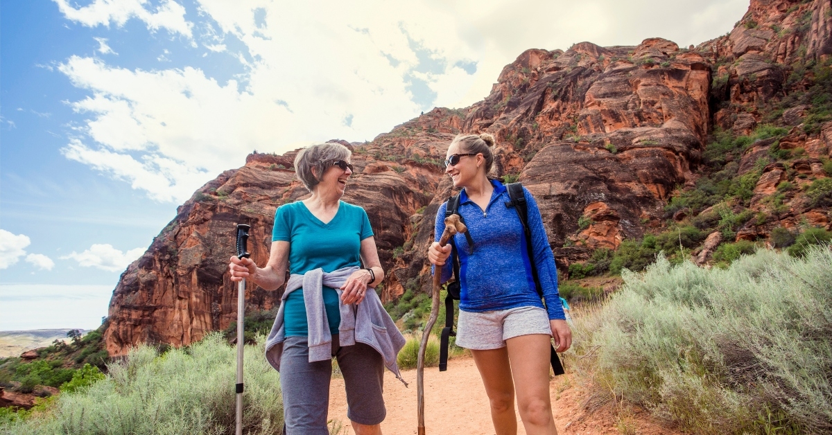 hiking together in a canyon