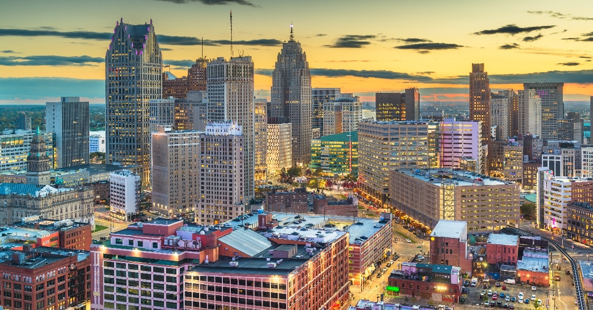skyscape of detroit michigan at midnight
