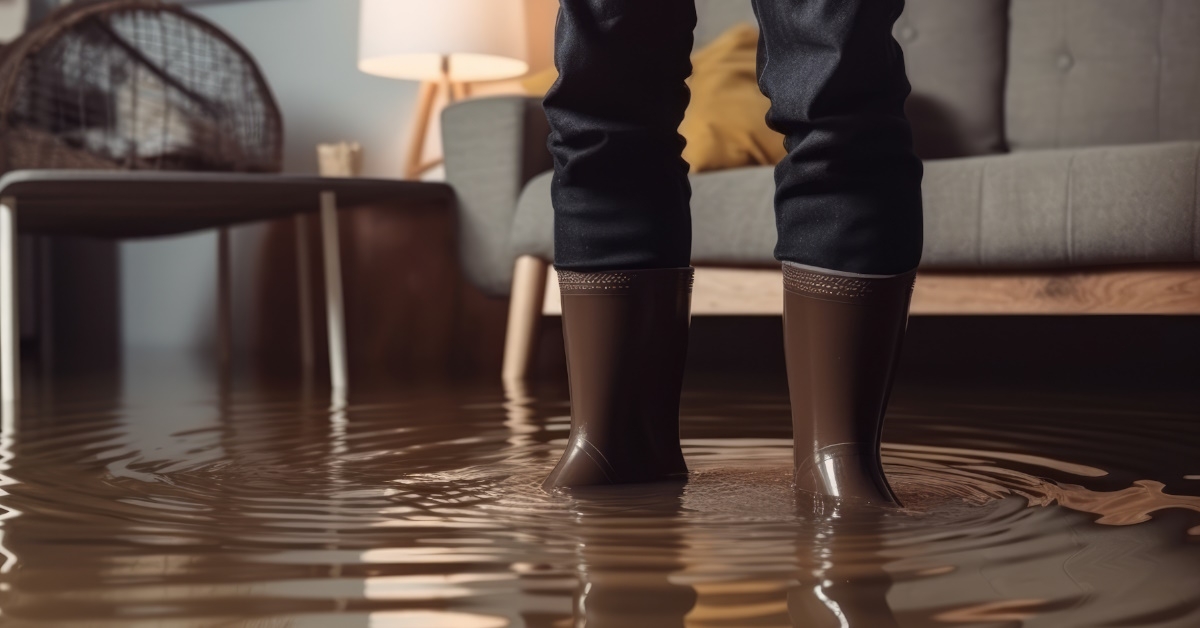 Man wearing boots inside flooded house