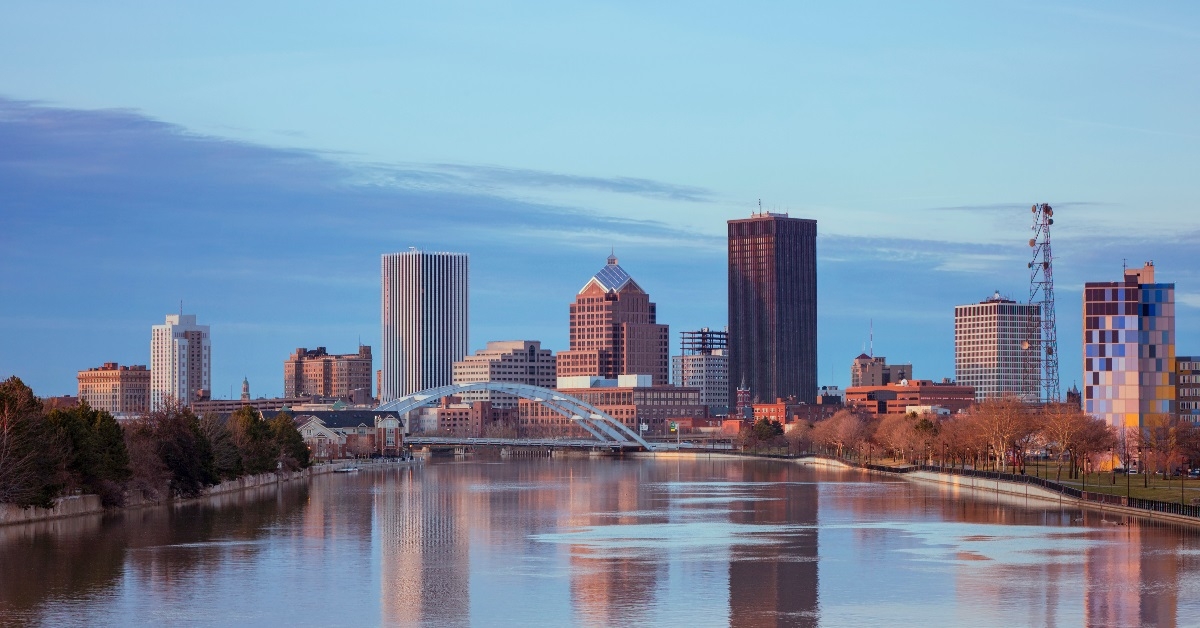 lake besides rochester skyline