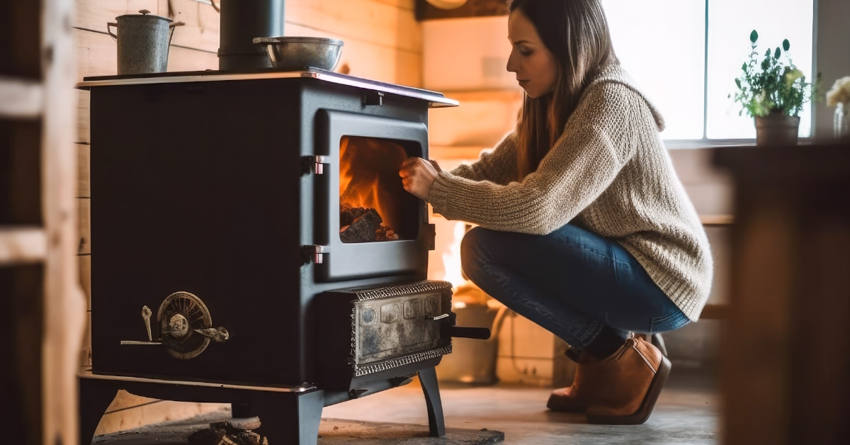 Woman warming hands besides burning stove