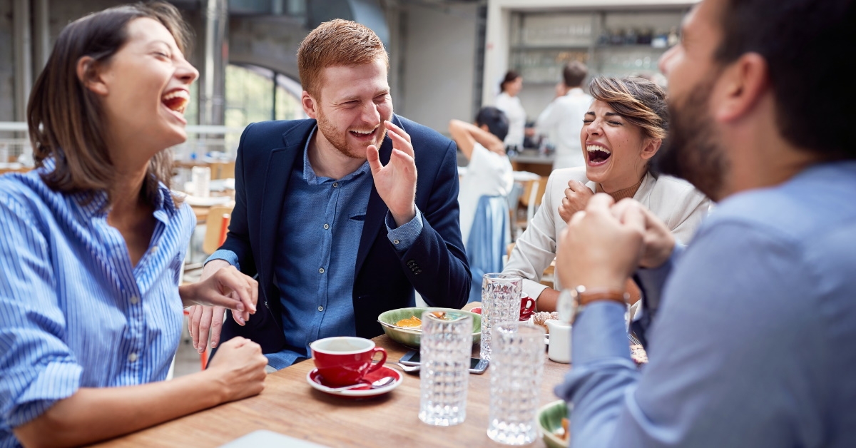 coworkers having fun at lunch 