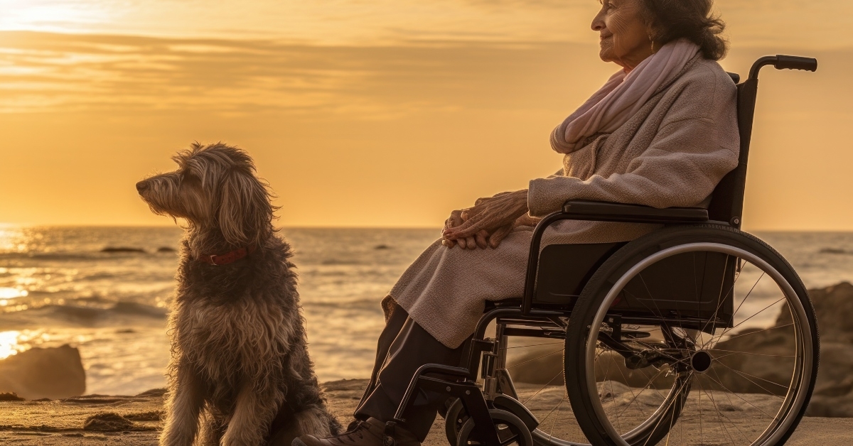 woman in the wheelchair enjoying the view on the beach with her dog