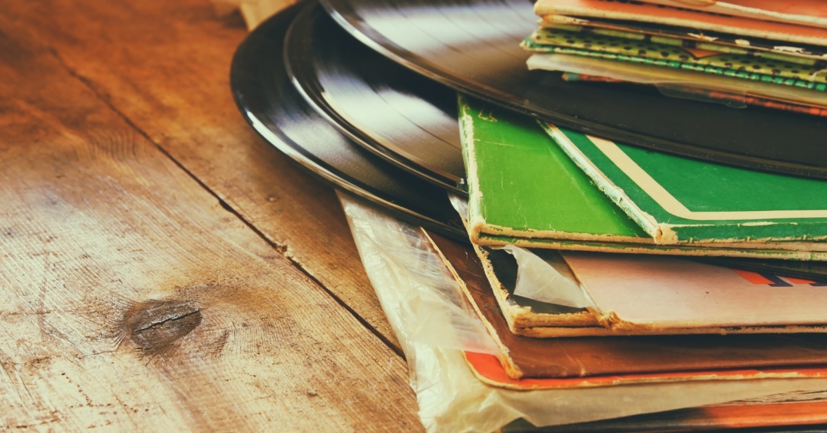 vintage records on wooden table