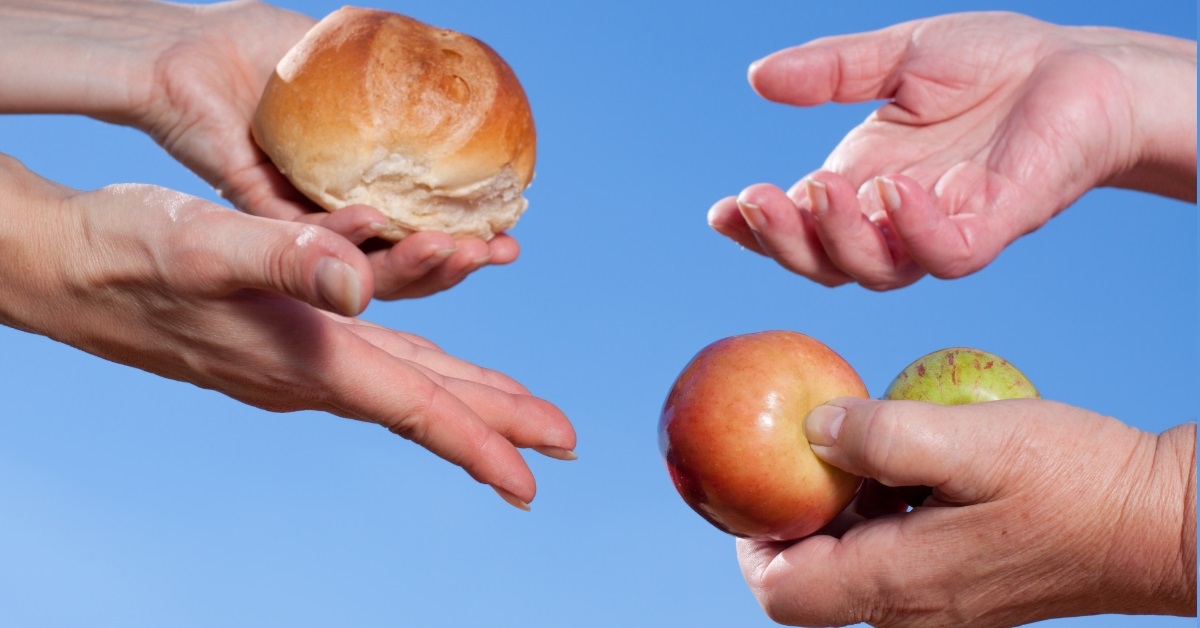 hands holding apples and buns
