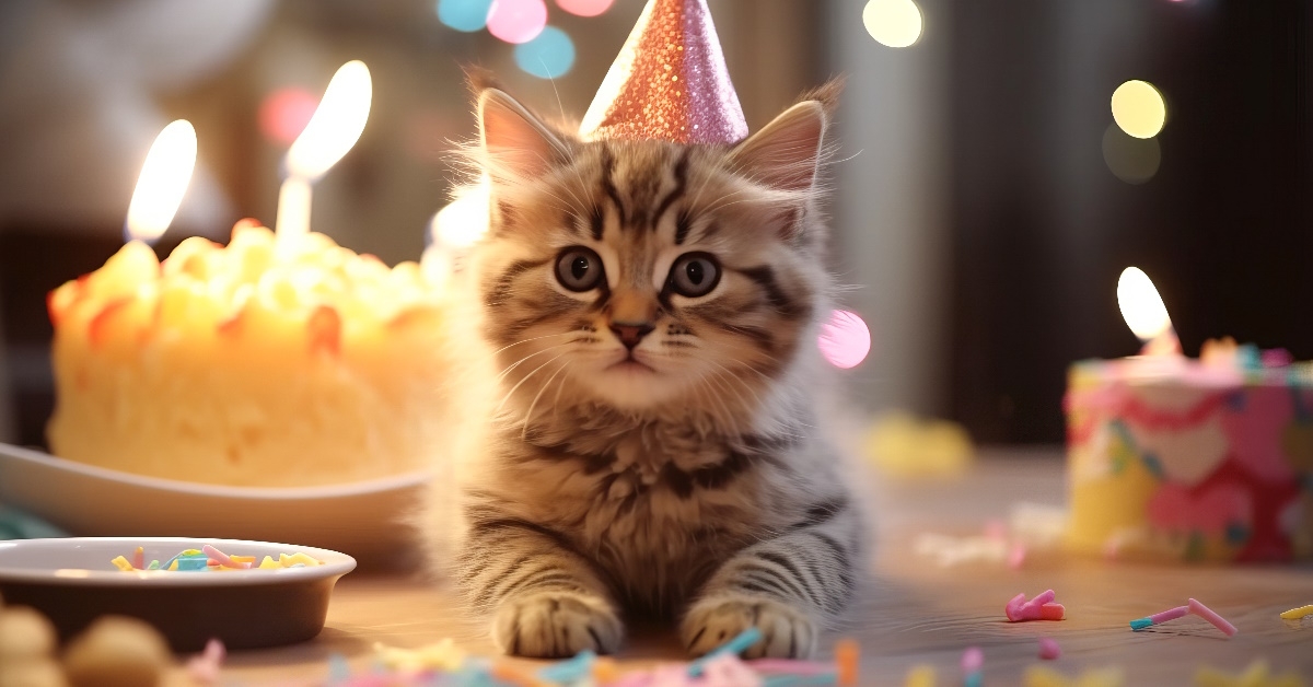cute kitten celebrating birthday at home