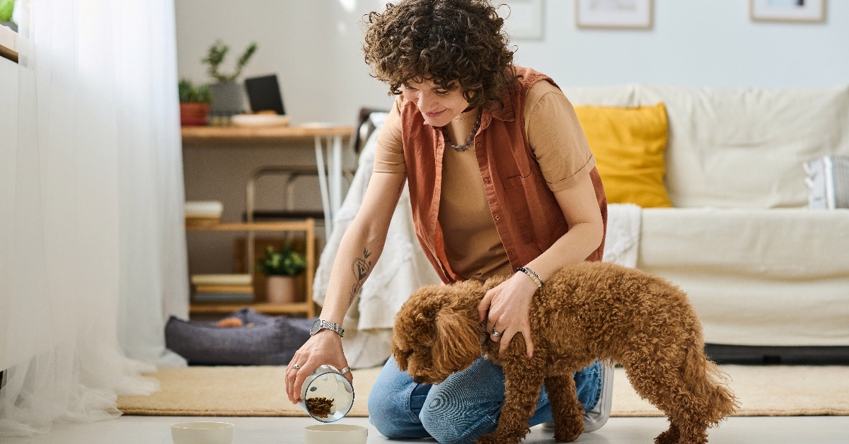 woman giving pet food to dog