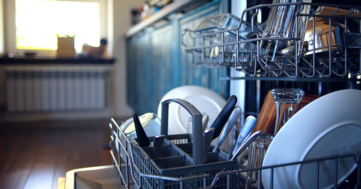 dishwasher with clean dishes in kitchen