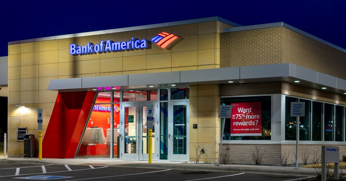 The Bank of America facade illuminated in evening.