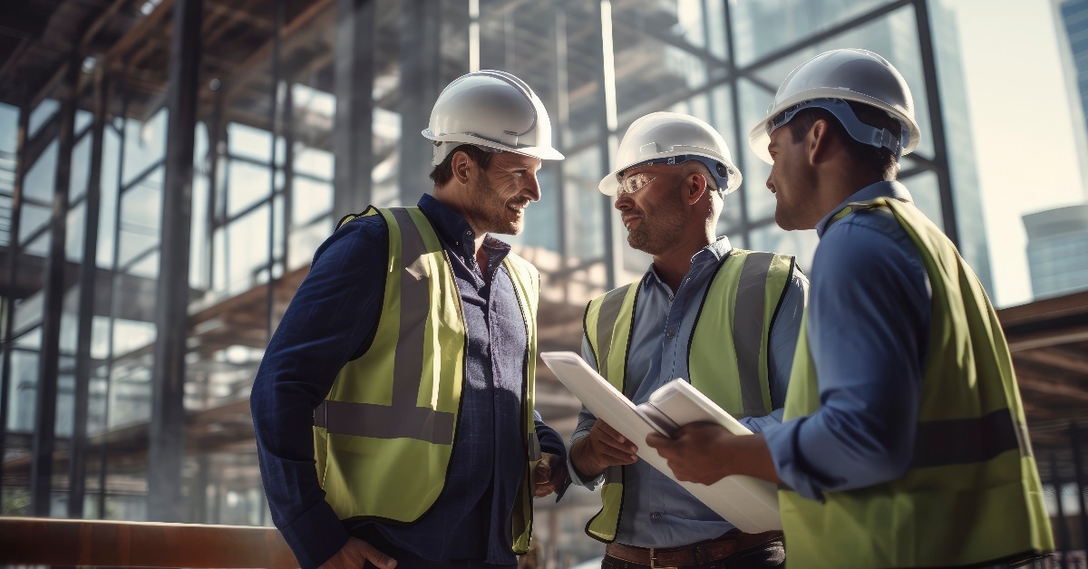 Engineers discussing architectural plan at construction site.