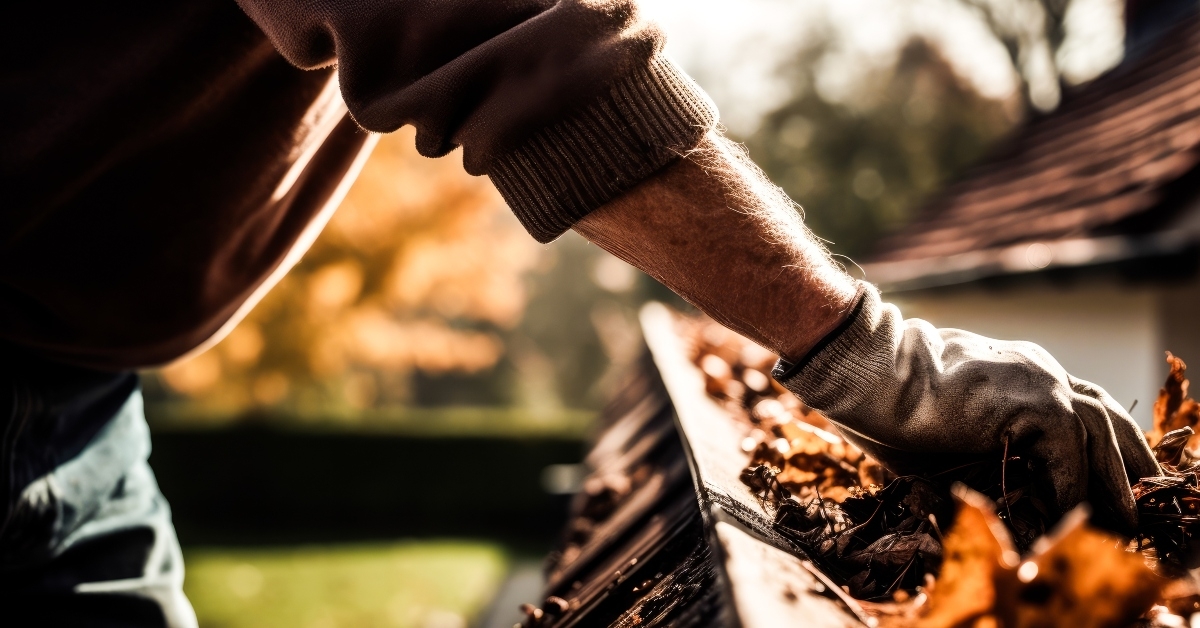 cleaning leaves in a rain gutter